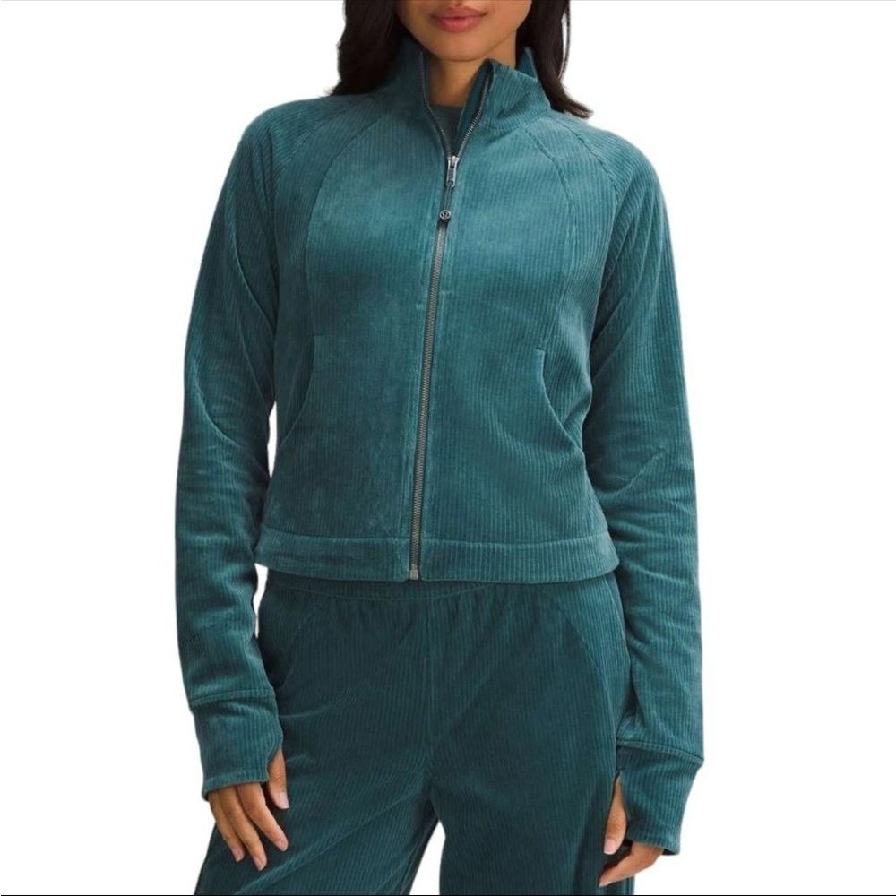 Lululemon Scuba Track Jacket Women Size 12 Velvet Cord Storm Teal Athleisure New